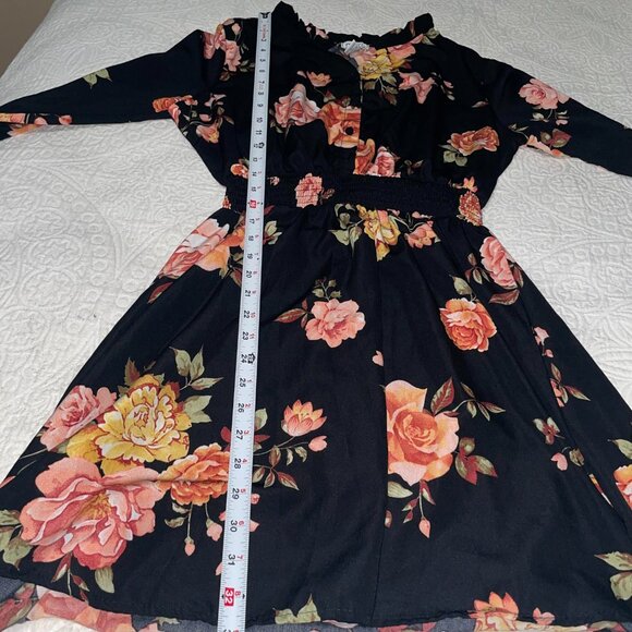 rue21 Black Peach Pink Green Floral Long Sleeved Elastic Waist Dress Size M - Picture 7 of 7